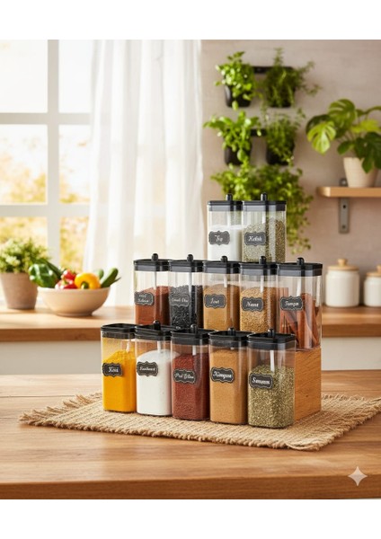 12'li Kapağı Kendinden Kaşıklı ve Etiketli Mika Baharatlık Seti 300 ml Akrilik Baharat Takımı indirimleri