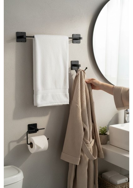 Yapışkanlı Siyah 2 Kancalı Askılık Uzun Havlu Askısı Wc Tuvalet Kağıtlık Banyo Set 3 Lü