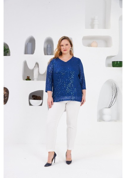 BÜYÜK BEDEN PUL PAYET BLUZ SAKS