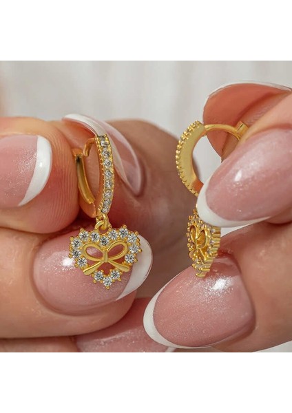 Gümüş Gold Kalp Kurdele Sallantılı Kadın Küpe