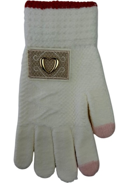 Spteks Kitti 9-12 Yaş Garson Kız Krem Renk Kalp Figürlü ve Desenli Kışlık Örme Eldiven