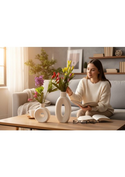 Yılbaşı Özel Hediye Seti – 2’li Modern Seramik Vazo + 2 Adet Dekoratif Mum fiyatları