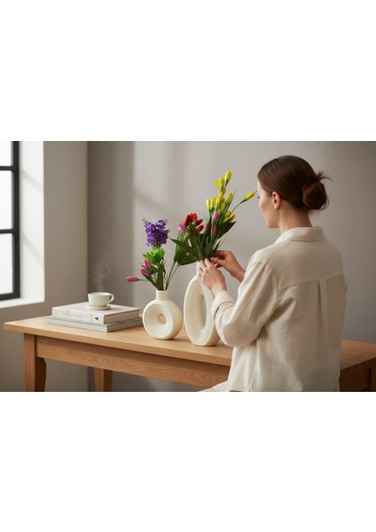 Yılbaşı Özel Hediye Seti – 2’li Modern Seramik Vazo + 2 Adet Dekoratif Mum modelleri