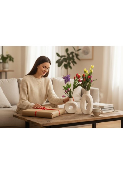Yılbaşı Özel Hediye Seti – 2’li Modern Seramik Vazo + 2 Adet Dekoratif Mum