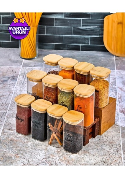Etiketli 12'li Ahşap Kapaklı Mika Baharat Seti - Sızdırmaz Lüks Akrlilik Baharatlık 300 ml