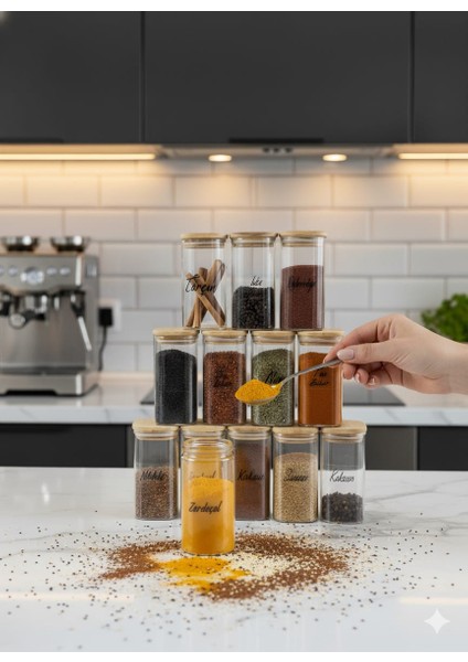 Etiketli 12'li Ahşap Kapaklı Mika Baharat Seti - Sızdırmaz Lüks Akrlilik Baharatlık 300 ml fiyatları