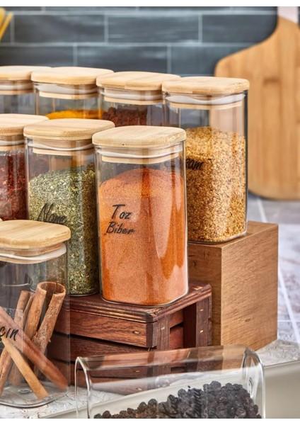 Etiketli 12'li Ahşap Kapaklı Mika Baharat Seti - Sızdırmaz Lüks Akrlilik Baharatlık 300 ml modelleri