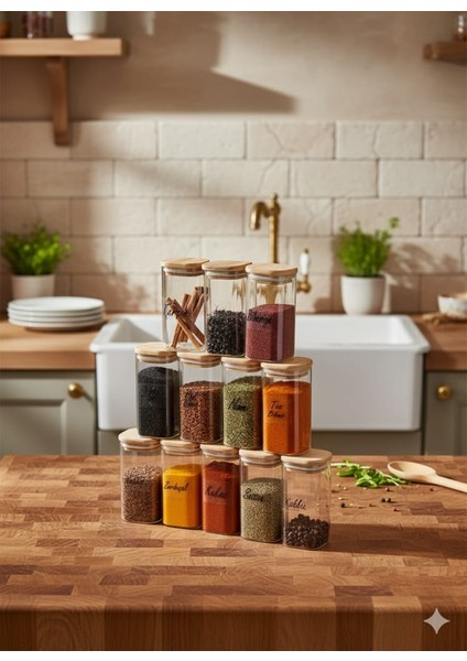 Etiketli 12'li Ahşap Kapaklı Mika Baharat Seti - Sızdırmaz Lüks Akrlilik Baharatlık 300 ml fırsatları