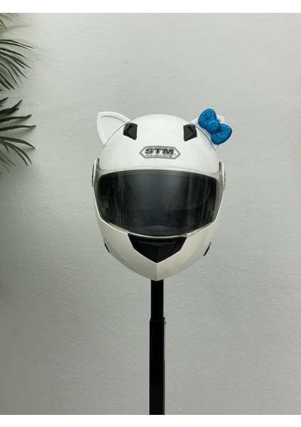 Motor & Motosiklet Petrol Mavi Fiyonklu Beyaz Kedi Kulak Kask Dış Aksesuarı