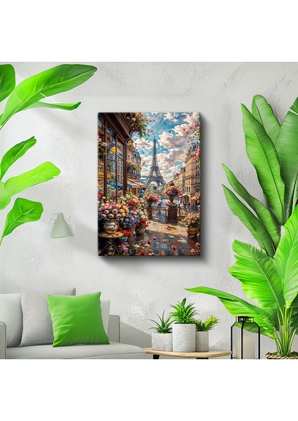 Tekli Dikey Kanvas Tablo Eyfel Kulesi Çiçekli Sokak Manzarası Bahar Şehir Mimari Tablolar Ev Ofis Salon Duvar Dekoru