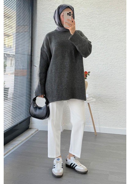 Kadın Bisiklet Yaka Oversize Kazak - Antrasit