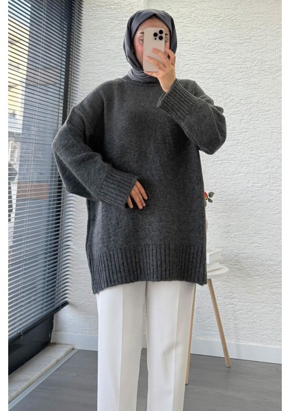 Kadın Bisiklet Yaka Oversize Kazak - Antrasit modelleri