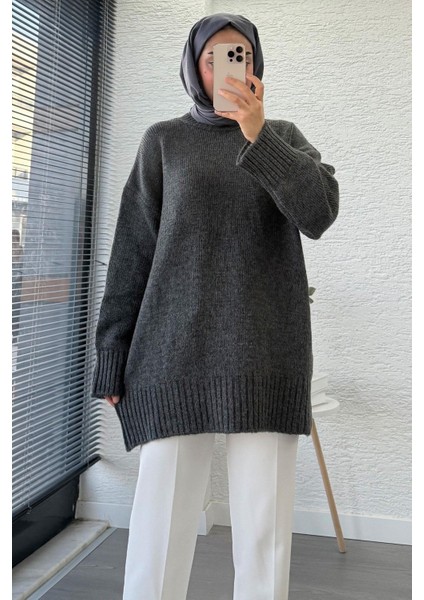 Kadın Bisiklet Yaka Oversize Kazak - Antrasit