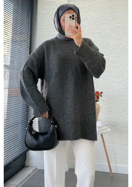 Kadın Bisiklet Yaka Oversize Kazak - Antrasit