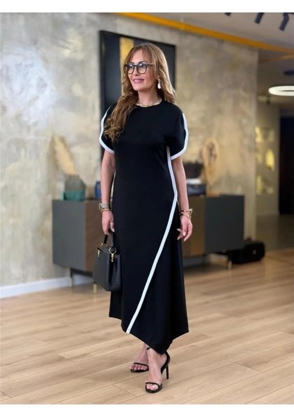 Melenza Kadın Kısa Kollu Bisiklet Yaka Çift Şerit Renk Detaylı Asimetrik Kesim Viskon Iki Iplik Elbi fiyatları