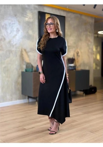 Melenza Kadın Kısa Kollu Bisiklet Yaka Çift Şerit Renk Detaylı Asimetrik Kesim Viskon Iki Iplik Elbi modelleri