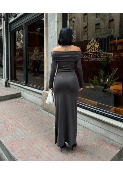 Kadın Gri Madonna Yaka Yırtmaçlı Elbise fiyatları