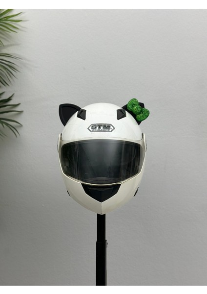 Motor & Motosiklet Yeşil Fiyonklu Siyah Kedi Kulak Kask Dış Aksesuarı