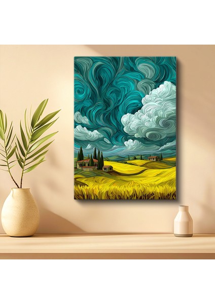 Tekli Dikey Kanvas Tablo Manzara Toskana Tarlaları Kıvrımlı Gökyüzü Van Gogh Manzara Tabloları Ev Ofis Salon Duvar Dekoru