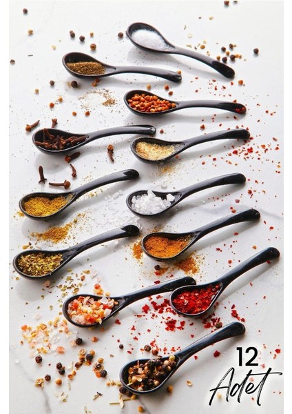 12 Adet Siyah Servis ve Baharat Kaşığı - Kahvaltılık Bal Kaşığı Şeker Reçel Servis Kaşığı