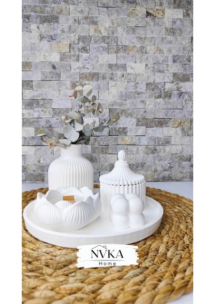 4 Lü Set Çizgili Vazo+Lotus Mumluk+Kapaklı Saklama Kutusu+Bubble Dekoratif Obje