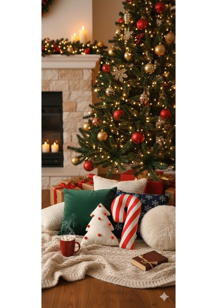 Yılbaşı / Noel Dekoratif Ekru Çam -Baston Şeker 2'liset Kırlent / Yılbaşı Ağacı / Yılbaşı Süsü