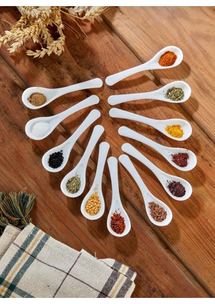 12 Adet Beyaz Servis ve Baharat Kaşığı - Kahvaltılık Bal Kaşığı Şeker Reçel Servis Kaşığı