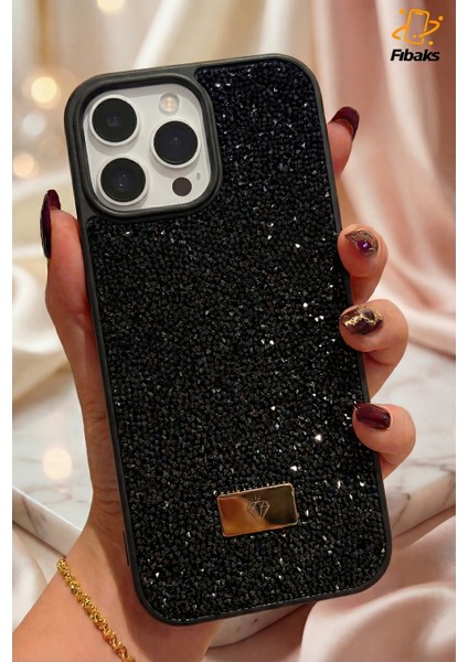 Apple iPhone 16 Pro Kılıf Içi Kadife Elmas Tasarımlı Siyah Taşlı Işıltılı Pırlanta Silikon Kapak