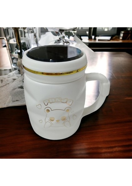 Ayna Kapaklı Panda Desenli Porselen Kupa Bardak Beyaz Kupa Bardak modelleri