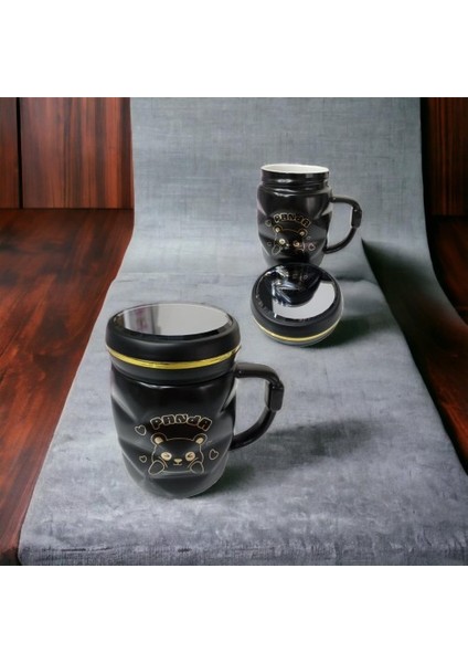 Ayna Kapaklı Panda Desenli Porselen Kupa Bardak Siyah Kupa Bardak fiyatları