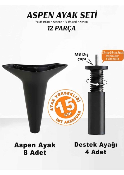 Aspen 15 cm (12 'li Set) Siyah Mobilya Kanepe Koltuk Baza Dolap Tv Ünitesi Yatak Odası Konsol Ayağı