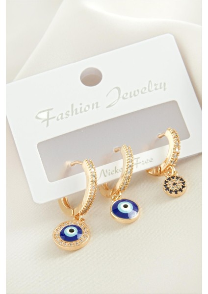 3 Adet Nazar Zirkon Taşlı Küpe Lüks