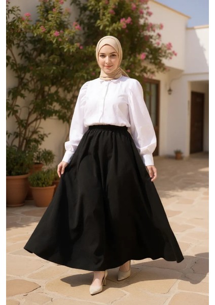 Kadın Siyah Double Kumaş Beli Lastikli Cepli Etek fiyatları