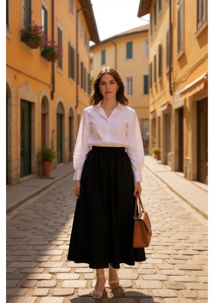 Kadın Siyah Double Kumaş Beli Lastikli Cepli Etek modelleri