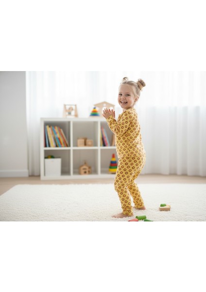 Sarı Çiçekli Pamuklu Kız Çocuk Pijama Takımı – Konforlu ve Nefes Alan Kumaş