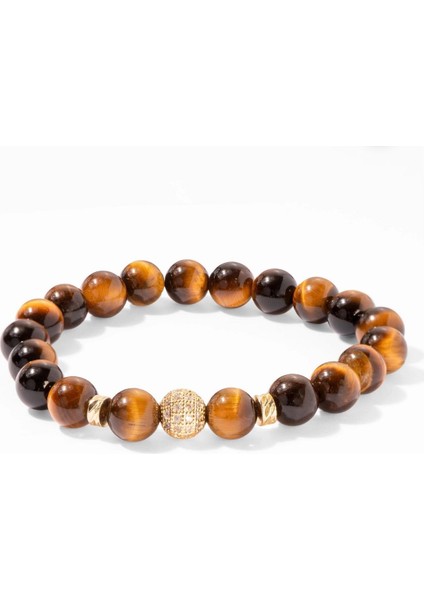 Kaplan Gözü Doğal Taş Bileklik 8 mm Altın Kaplama Detaylı