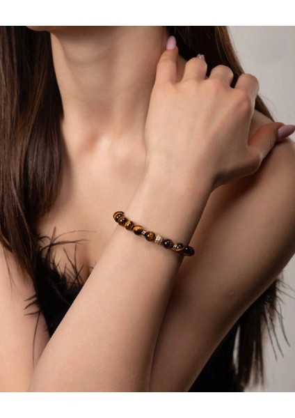 Kaplan Gözü Doğal Taş Bileklik 8 mm Altın Kaplama Detaylı modelleri