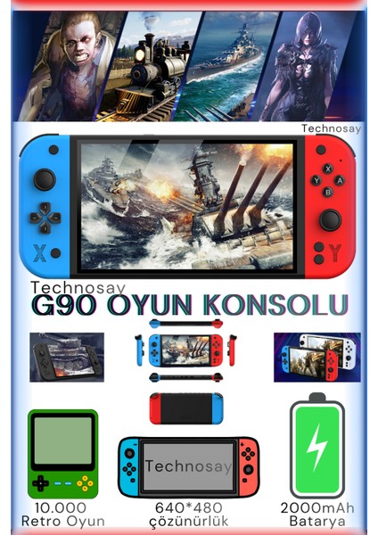 G90 Oyun Konsolu Yeni Nesil El Atarisi 10.000 Oyun Hafızalı 2000 Mah Batarya 10.000+ Oyun 7inç Hd