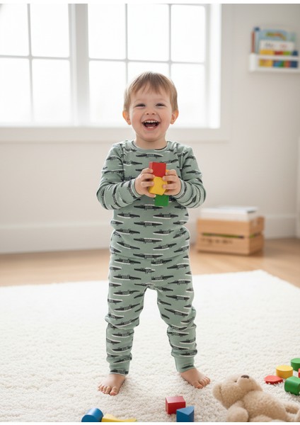 Sevimli Timsah Desenli Pamuk Erkek Çocuk Pijama Takımı – Nefes Alan, Rahat Kumaş