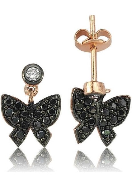 Gümüş Siyah Kelebek Çivili Küpe