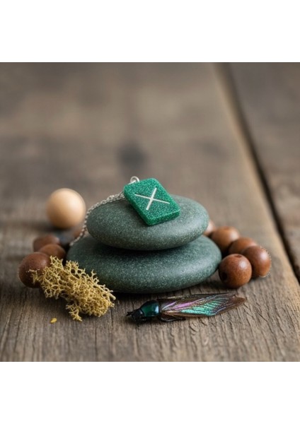 El Yapımı Gebo Rune Kolye Ucu – Yeşil Reçine Viking Sembolü | Birlik, Sevgi ve Denge Enerji Takısı |