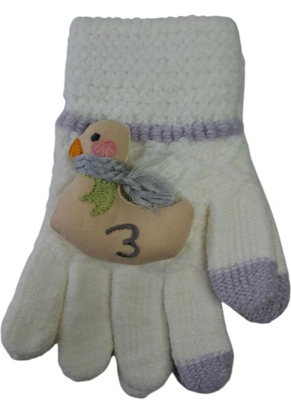 Spteks Kitti 3-6 Yaş Kız Çocuk Krem Renk Kaz Figürlü ve Desenli Kışlık Örme Eldiven