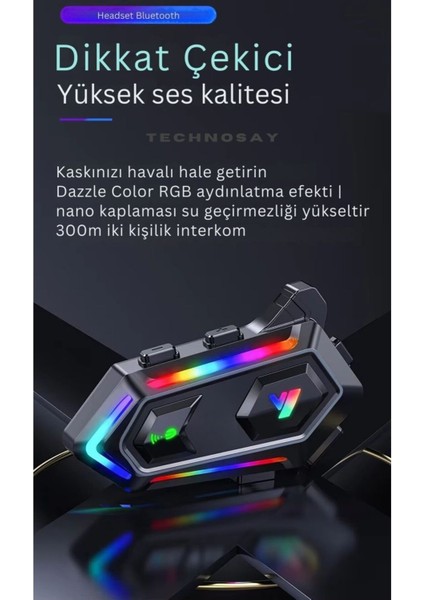 V20 Max 2 Kişi Bağlantılı Rgb Işıklı 1000MAH 5.3 Bluetooth Motosiklet Kask Kulaklık Intercom Uyumlu modelleri