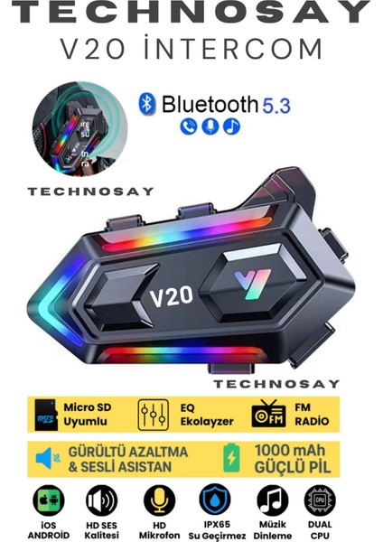 V20 5.3 Bluetooth Su Geçirmez Rgb Motosiklet Kask Bluetooth Interkom Intercom Kulaklık Mikrofon