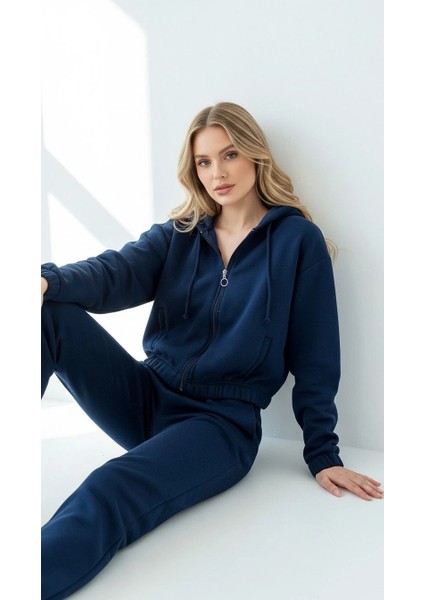 3 Iplik Şardonlu Kapşonlu Fermuarlı Kısa Üst Lacivert PAT8590