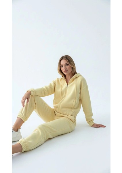 3 Iplik Şardonlu Kapşonlu Fermuarlı Kısa Üst Sarı PAT8590