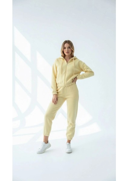 3 Iplik Şardonlu Kapşonlu Fermuarlı Kısa Üst Sarı PAT8590 fiyatları