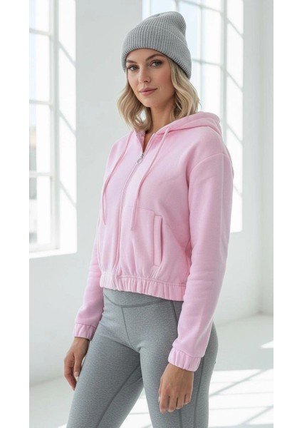 3 Iplik Şardonlu Kapşonlu Fermuarlı Kısa Üst Pembe PAT8590