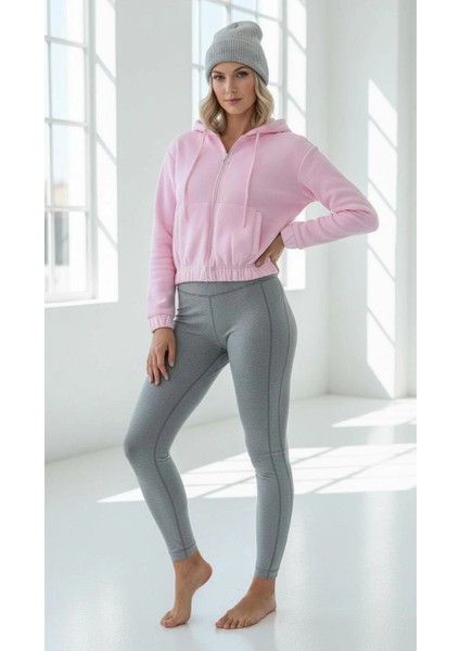 3 Iplik Şardonlu Kapşonlu Fermuarlı Kısa Üst Pembe PAT8590 fiyatları