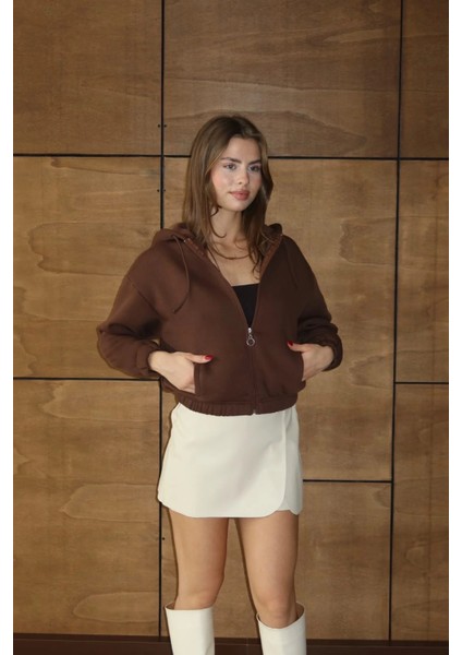 3 Iplik Şardonlu Kapşonlu Fermuarlı Kısa Üst Kahve PAT8590